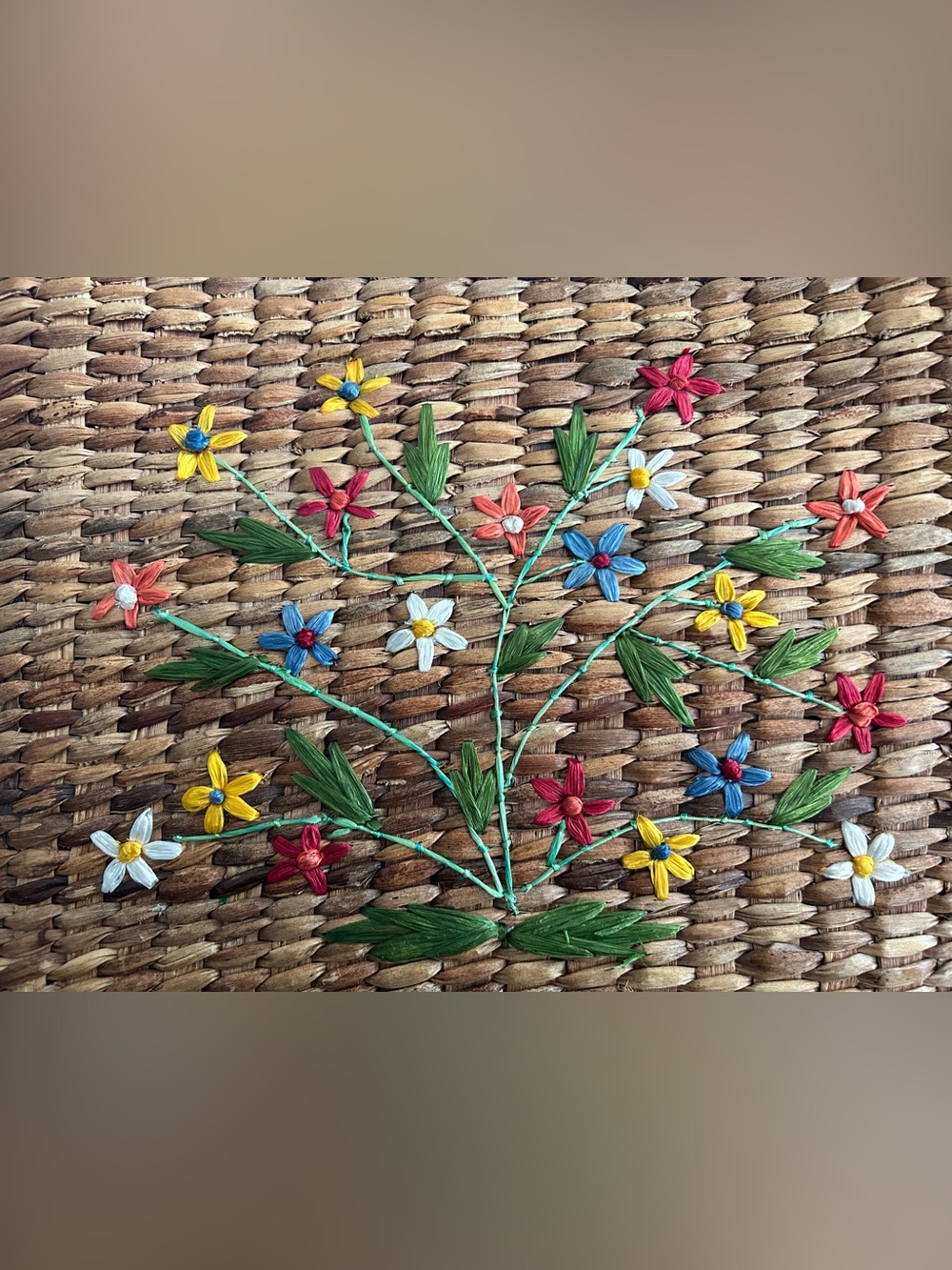 Esprit de Corp Vintage 80s Floral Embroidered Straw Woven Boho Market Tote Bag - Picture 3 of 10